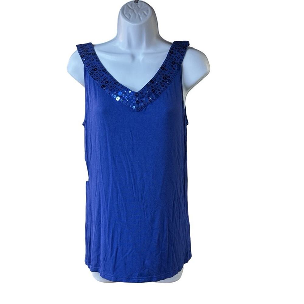 Georgiou Studio XL Blue Sequin Tank Top V Neck Sleeveless Blouse Party